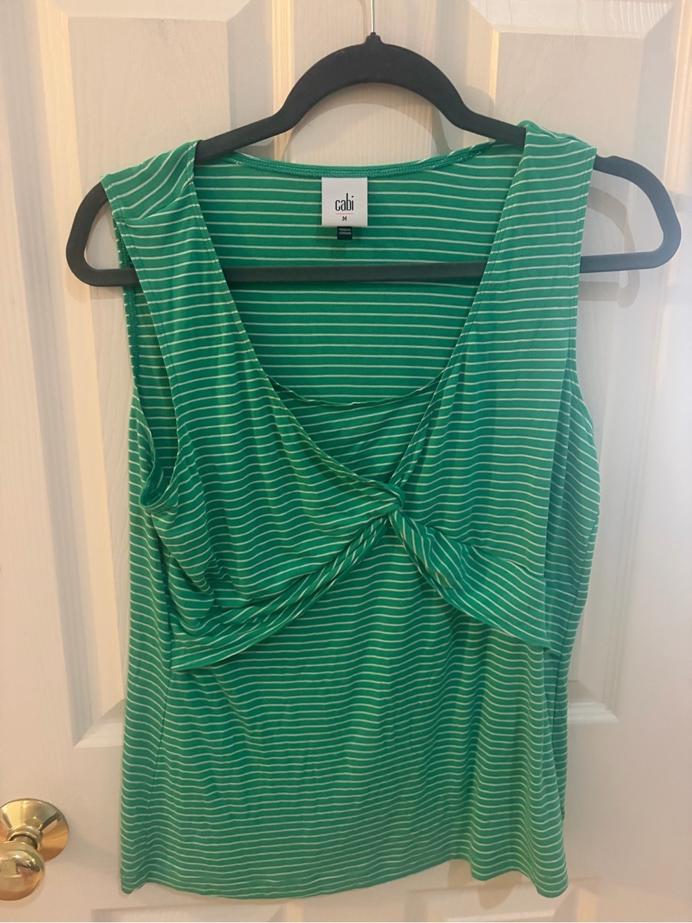 CAbi Green & White Striped Twist Front Sleeveless Top | Size Medium